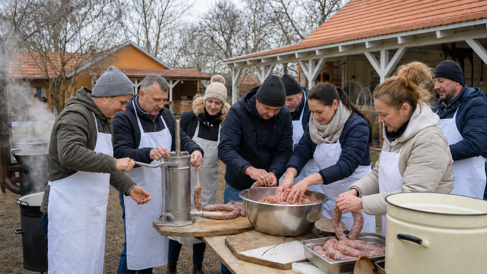 Közös munka a disznótoros ételek elkészítésénél a birtok konyhájában